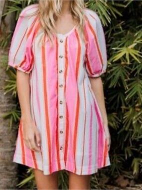 Pink & Orange Striped Button-Front Mini Dress